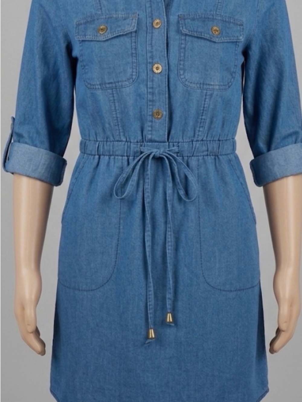 Girls' Blue Denim Shirt Dress with Drawstring Waist